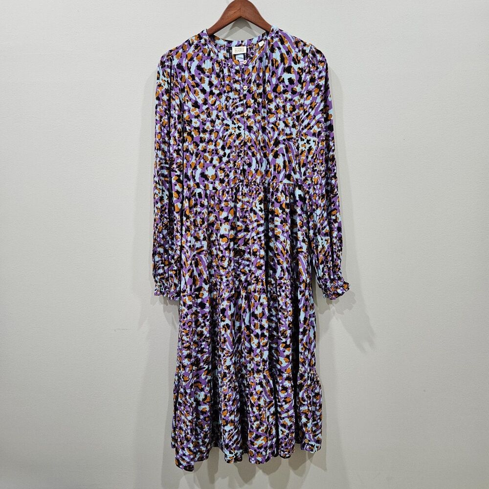 Scotch & Soda Womens Tiered Dress 16 Purple Viscose Leopard Print Holidays Artsy